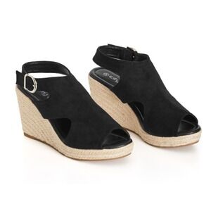 City Chic 12 W Black Faux Suede Peep Toe Wedge Espadrille Platform Sandal Shoes
